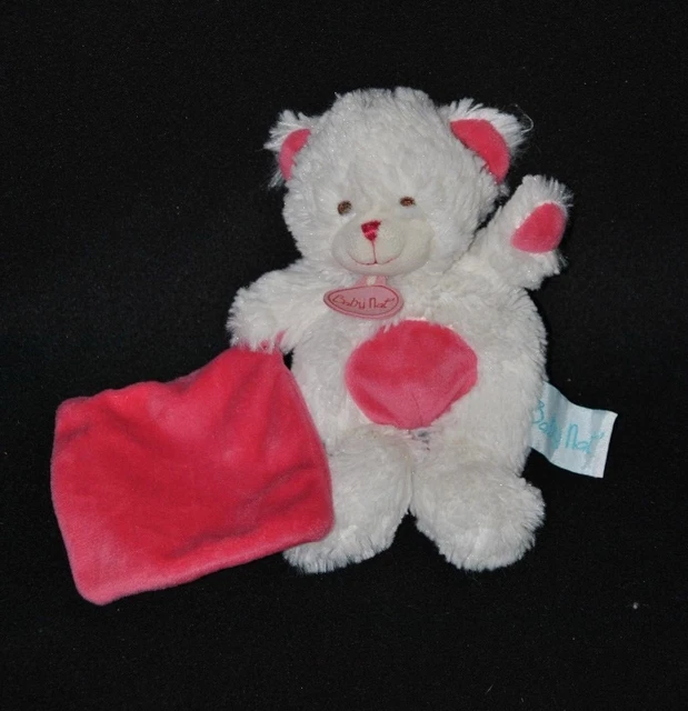 Peluche doudou ours fushia blanc BABY NAT' mouchoir double fushia 19 cm NEUF