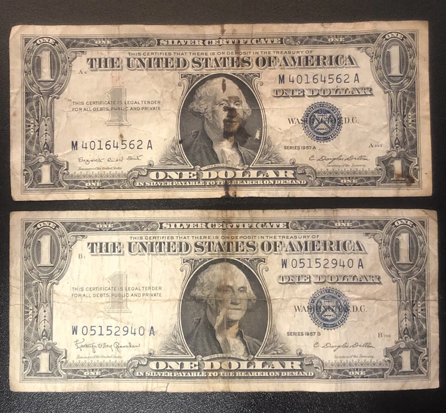 1957A & 1957B. One Dollar Blue Seal Note Silver Certificate Old US Bill 1 Money