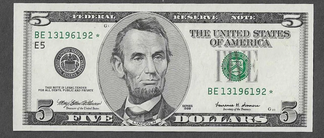 FR 1986-E* STAR UNC $5 Richmond Series of 1999 Green Seal Federal Reserve Note