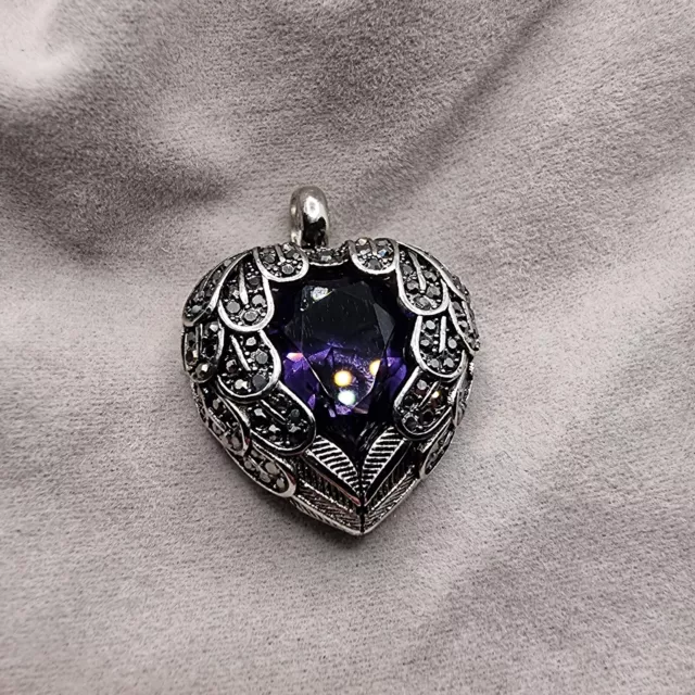 Romantic Purple Zircon Winged Heart Pendant, 925 Sterling Silver Love Gift UK