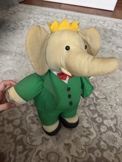 Peluche éléphant Babar toile de parachute vert vintage 55 cm