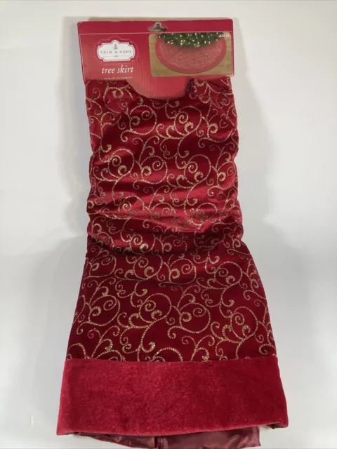 Red Christmas 50" Gold Glitter Scroll Tree Skirt Trim a Home NWT