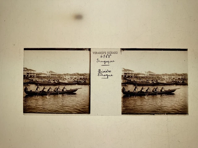 SINGAPOUR PIROGUE 1890 PLAQUE VERRE 45x107 VUE STEREOSCOPIQUE VERASCOPE RICHARD