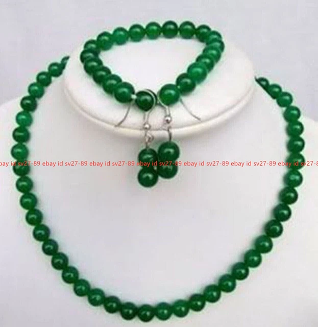 Pretty 8MM Green Jade Gemstone Round Beads Necklace&Bracelet&Earrings Sets 18''