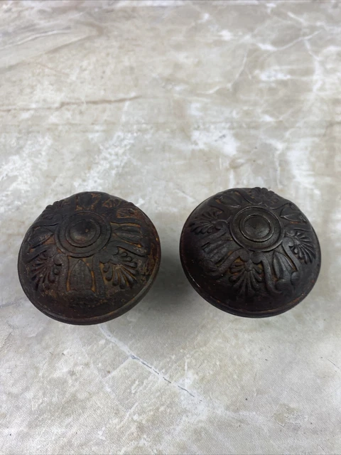 Pair Antique Vintage Cast Iron Victorian Ornate Door Knobs