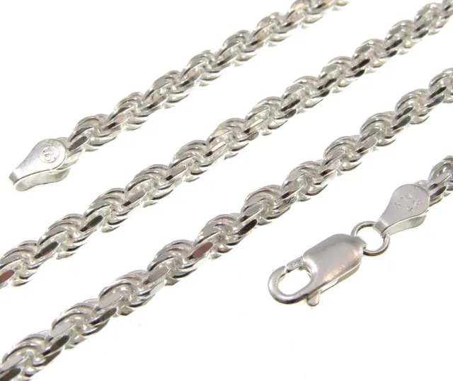 4MM Solid 925 Sterling Silver DIAMOND CUT ROPE CHAIN Bracelet or Necklace Italy