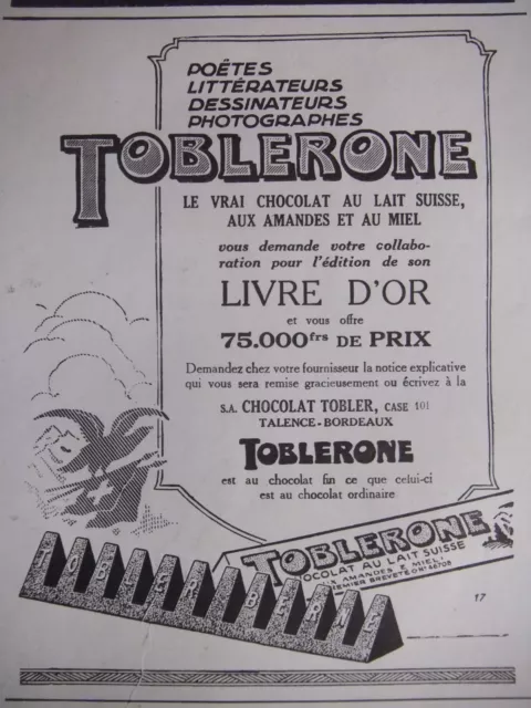 Publicité De Presse 1925 Toblerone Le Vrai Chocolat Au Lait Suisse