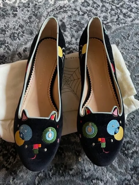 Charlotte Olympia Abstract Kitty Flats Black Velvet Multi  Ballet Size 37.5