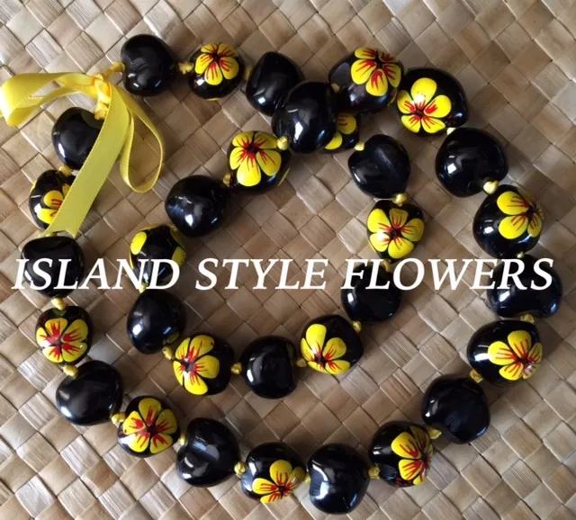 Hawaii Wedding YELLOW BLACK Kukui Nut Lei Graduation Luau Hula Necklace Hibiscus