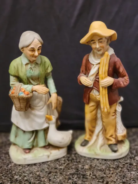 Vintage Pair Of Porcelain Figurines Elderly Woman & Man Hand Painted