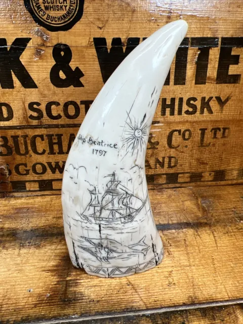 Vintage Resin Faux Whale Tooth Scrimshaw “Ship Beatrice 1797” “Luck to Women”
