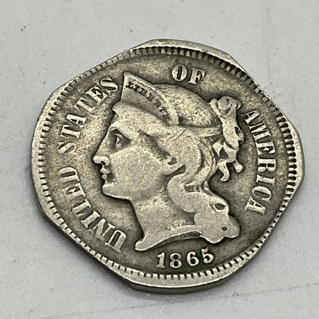 1865 Three Cent Nickel Piece 3C Circulated Civil War US Type Coin Error/Clipped
