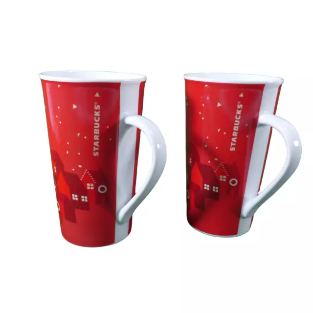 Starbucks Christmas Mugs Cottages at Night in Winter 2013 6" Tall 16 oz. Red (2)