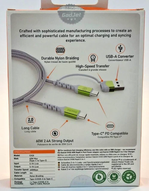 Fast Type-C To Type-C Charging Cable + USB-A Converter 2.4A 60W PD Charging 2m 3