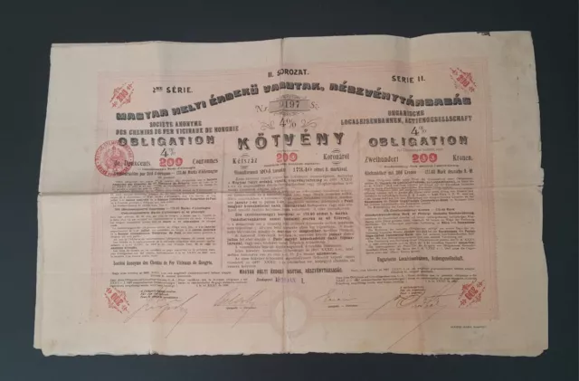 Obligation 200 COURONNES 1899 Société Chemins de fer vignaux de Hongrie Emprunt