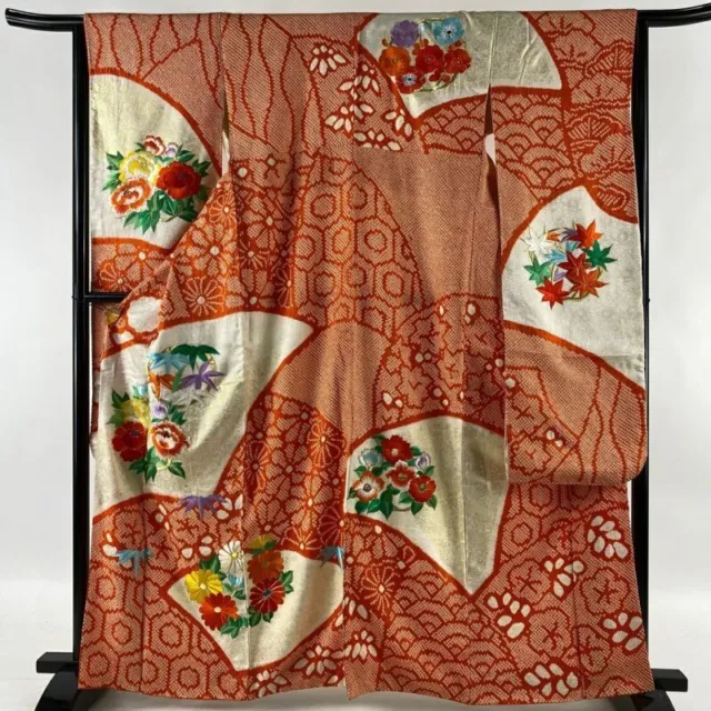 Japanese Kimono Furisode Pure Silk Flowers Embroidery Orange Lined Kimono