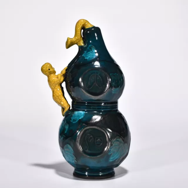 10.6" old antique the five dynasty chai kiln porcelain blue glaze gourd bottle/