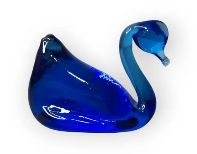 Vintage Art Glass Hand Blown  Cobalt Blue Swan Figurine Paperweight 2" Tall