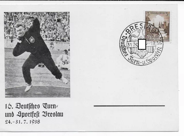 1938 - Deutsches Turn- u. Sportfest Breslau-Postkarte Kugelstoßer -Sonderstempel