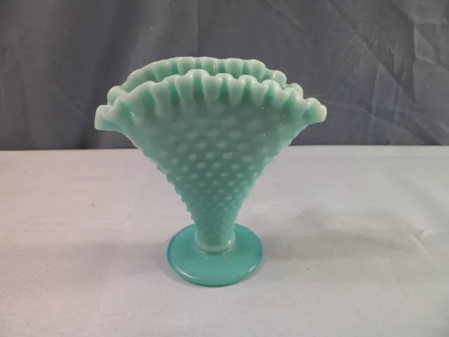 Fenton Turquoise Glass Hobnail Small Fan Vase 4" Tall INV2