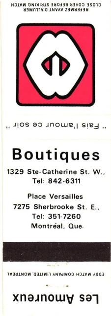 Montreal Quebec Canada Les Amoureux Boutiques Vintage Matchbook Cover