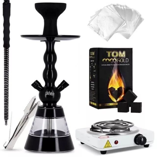 Pack Shisha avec Narguilé Alu Noir Plaque Allume Charbon Foyer SIlicone Tuyau M