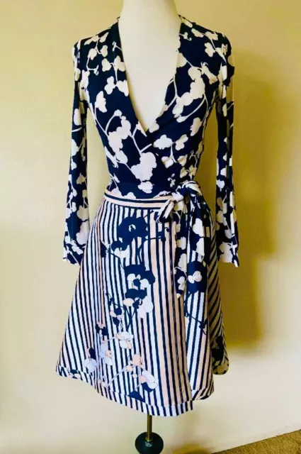 2 4 Diane Von Furstenberg Amelia Orchid Placement Stripe Silk Wrap Dress Nwot