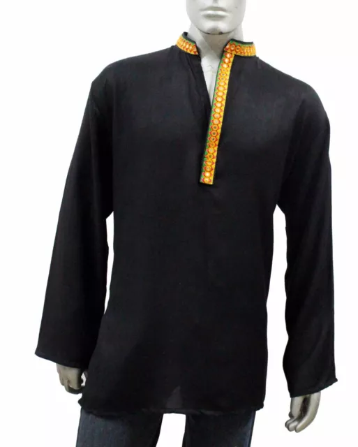 Indian 100% Cotton Men’s Shirt Kurta tunic loose fit Black Solid Mirror Work