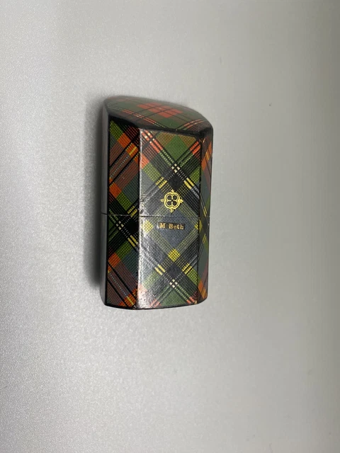 19th C Antique McBeth Tartan Ware sewing needle holder in shape of knife box