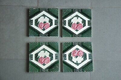 4 Pc Vintage Majolica Rose Flower Art Nouveau Architecture Tiles,Japan 2