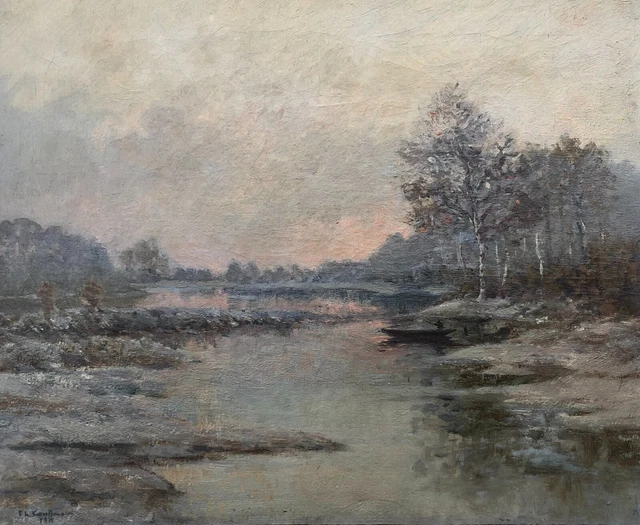 Tableau ancien signé, Paysage lacustre enneigé, Huile sur toile, Peinture, XIXe