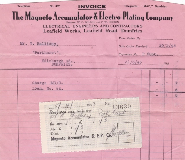 THE ACCUMULATOR & ELECTROPLATING CO.Dumfresi 1942 Invoice