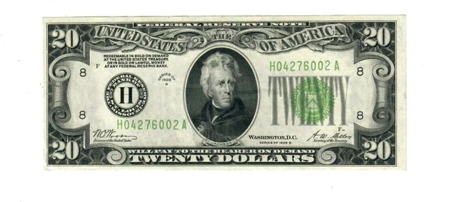 1928B $20 FRN St. Louis Dark Green Seal AU/CU