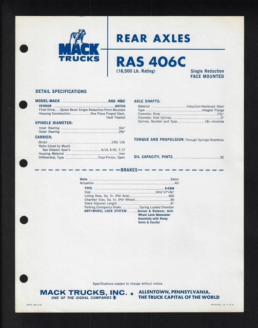 MACK TRUCKS RAS 406C REAR AXLES SPECIFICATIONS BROCHURE [single page