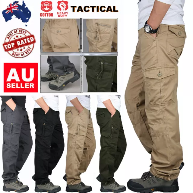 AU Mens Cargo Pants 100% Cotton Work Pants Elastic Waist Tactical Outdoor Combat