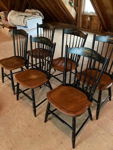 L.Hitchcock-2 SIGNED STENCILED BLACK SPINDLE BACK CHAIRS-Fine