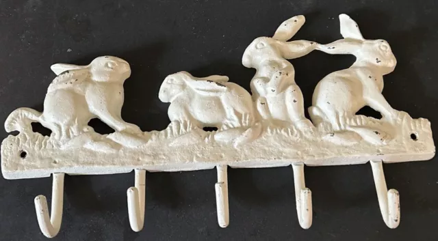 Distressed White Cast Iron Bunny Rabbit Wall Coat Hook Cottagecore Farmhouse