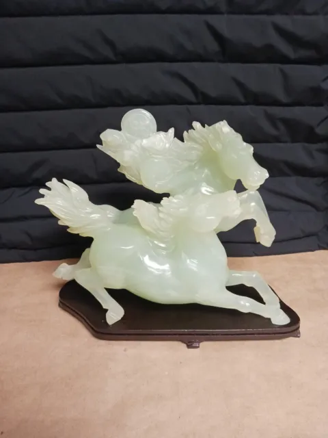 Vintage Chinese Jadeite Running  Horses /Carved Figurine With Wooden Base