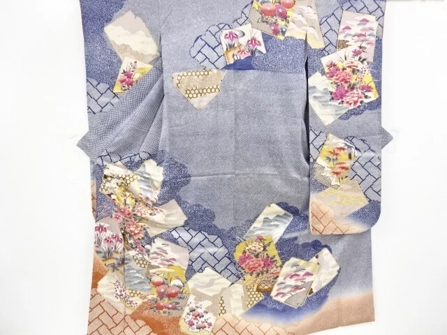 36359# Japanese Kimono / Furisode / Shikishi With Floral Cart