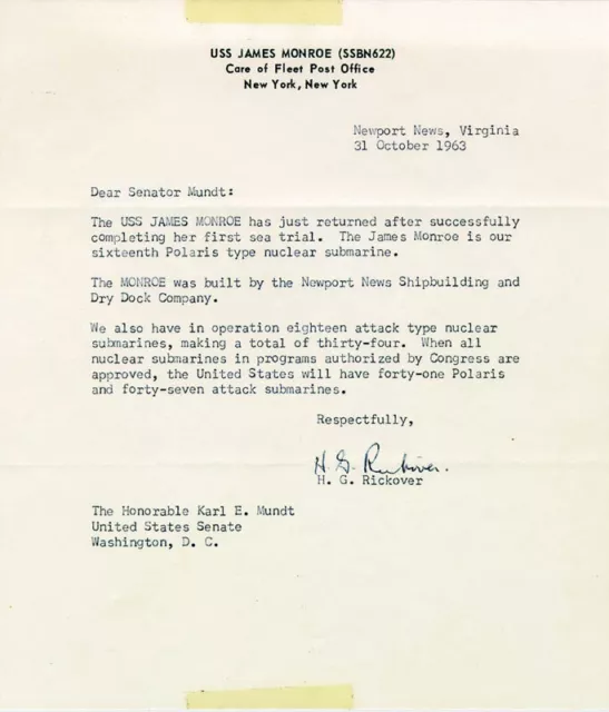 Hyman G. Rickover - Typed Letter Signed 10/31/1963