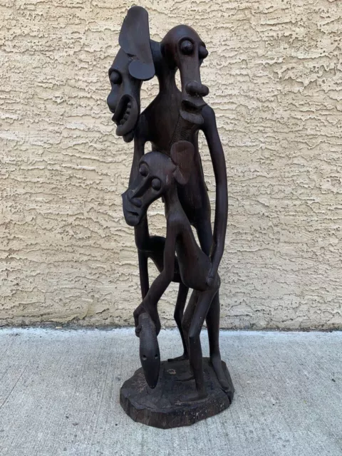 Mid-Century Cubist African Makonde Tribal carved ebony wood family sculpture 23"