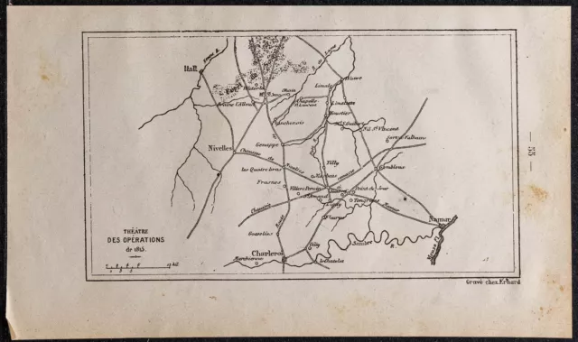 1886 - Belgique - Carte des batailles de Napoléon - Gravure ancienne