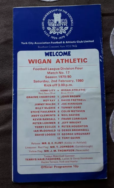 York City v Wigan Athletic Football Match Programme 2nd February 1980 FL Div4