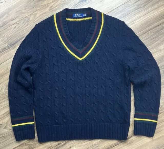 Polo Ralph Lauren Cotton Cashmere Cable Knit Tennis Cricket Sweater Large Slim