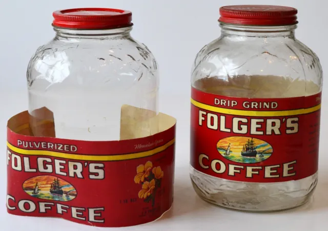 2 Vtg 1940s Folgers Coffee Glass Jar 1 Pound Drip Grind & Pulverized Labels Lids