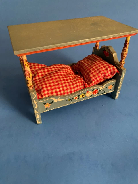 Vintage DOLLHOUSE MINIATURE: DORA KUHN German handpainted wood CANOPY BED
