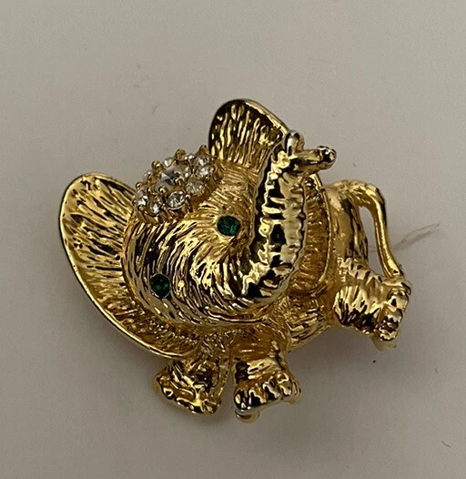 Vintage GOLD TONE JEWELED HAPPY ELEPHANT Brooch