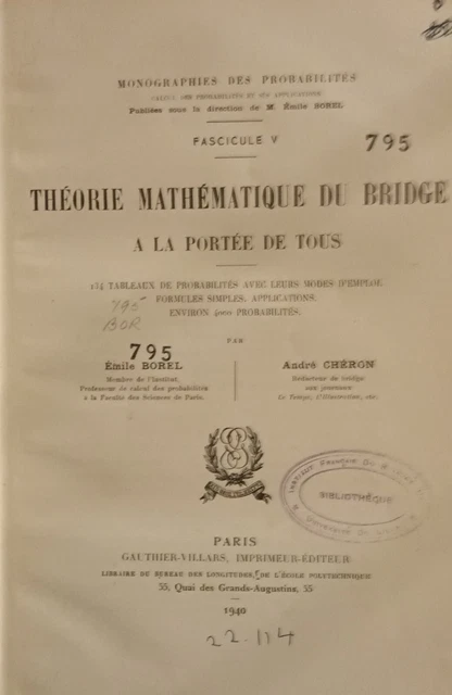 Emile Borel, 1940, Théorie Mathématique du Bridge à la portée de tous. TTE