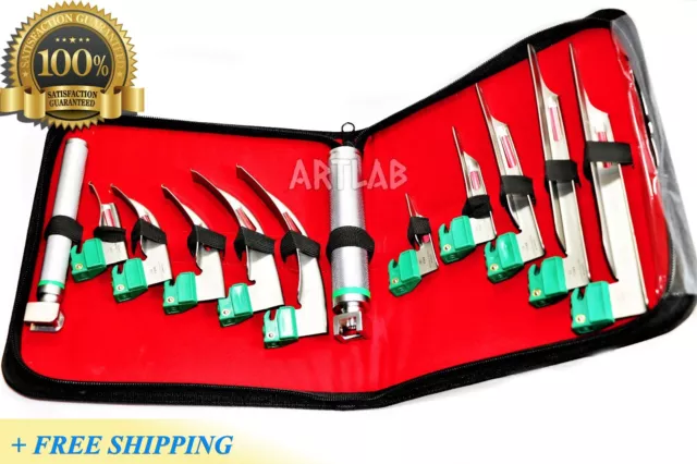 German Laryngoscope Set 12Pcs Intubation Blades + 2 Handle Fiber-Optic Kit