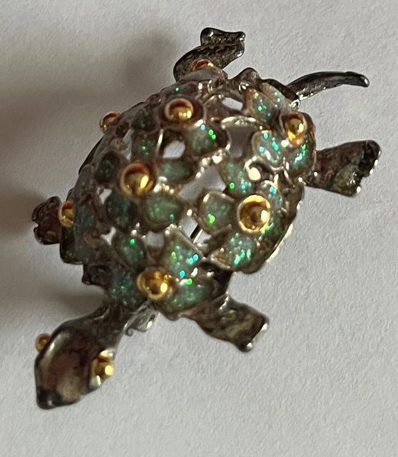 Broche Tortue En Métal Doré Avec Plaques Nacrées Multicolores - Occasion En Très Bel état